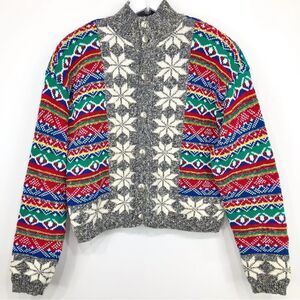 LizWear Gray Colorful Snowflake Nordic Knit Vintage Cardigan Holiday Sweater